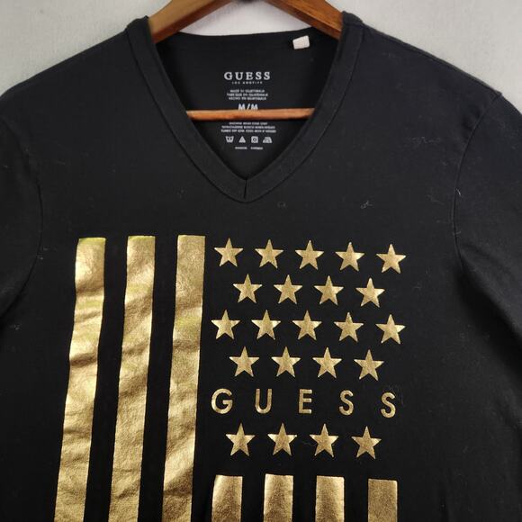 VTG GUESS Mens Gold American Flag Foil Graphic V-Neck T-Shirt M Black Patriotic - Picture 5 of 8